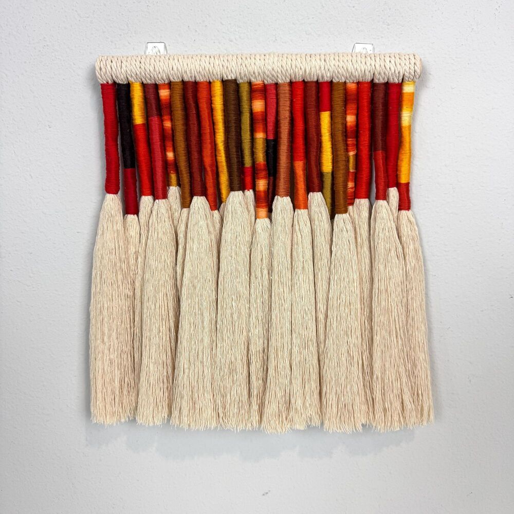 Handmade Macrame Wrapped Cotton Wall Hanging: Reds 12x14 New